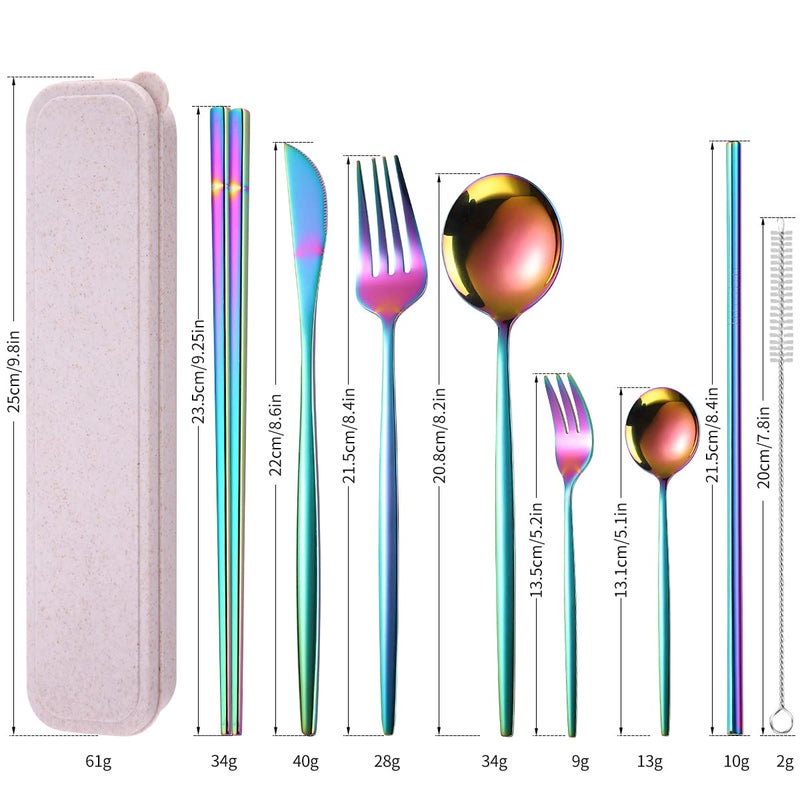 AARAINBOW 8 Pieces Stainless Steel Flatware Set Portable Reusable Cutlery Set Travel Utensils Set Including Chopsticks Knife Fork Spoon Straws Cleaning Brush Dishwasher Safe (Multicolored) - Image 2